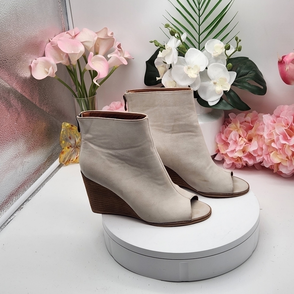 Beast Fashion Wedge Peep Toe Leather Booties Size 9 - Picture 9 of 14